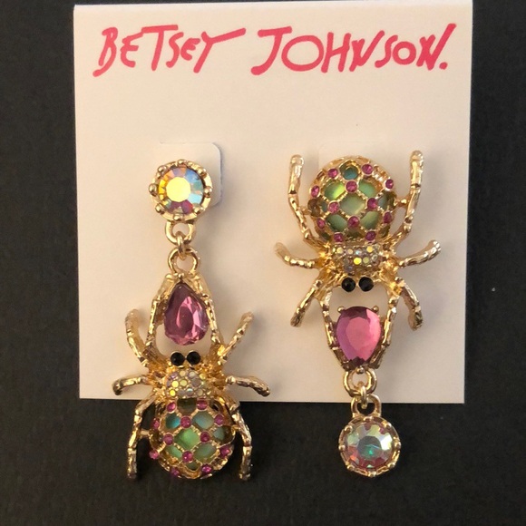 Betsey Johnson Gold Tone Creepshow Spider Mismatch Drop Earrings Crystal NWT - Picture 6 of 11